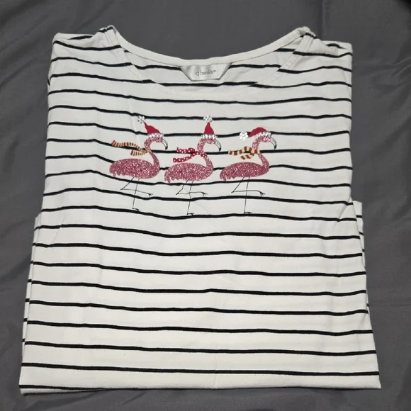 CJ Banks 1 X White and Black Striped Top with 3 Pink Flamingos - Picture 1 of 2